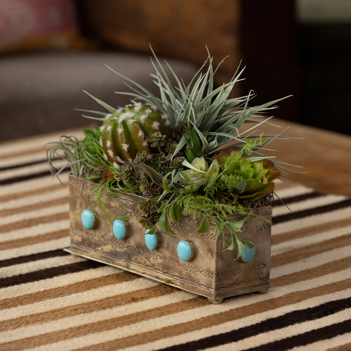 Silver Stamped Planter with Turquoise Stones By J. Alexander Rustic Silver