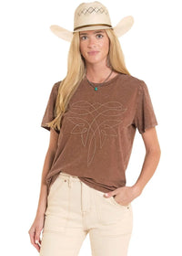 Women's Rock & Roll Denim Boot Stitch Graphic Tee in Mahogany