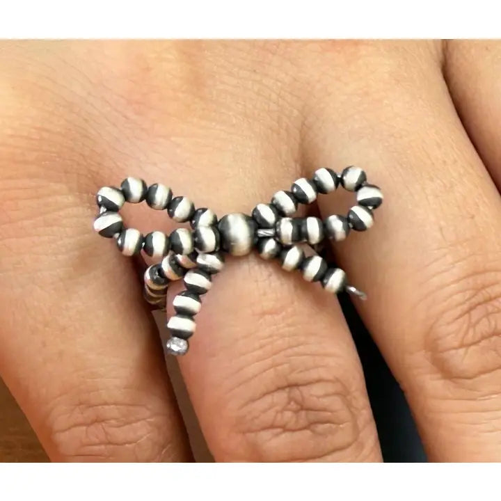 Sterling Silver Handmade Beaded Bow Tie Stretch Ring