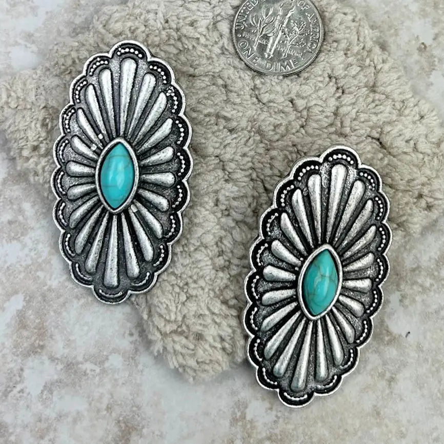 Antique Silver & Turquoise Long Oval Concho Earrings