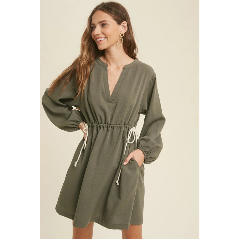 Women's L/S Casual Drawstring Waisted Mini Dress in Olive Green