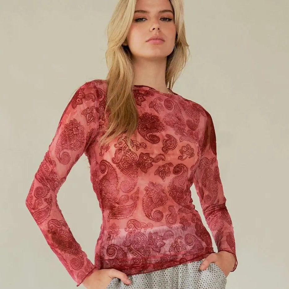 Women's L/S Sheer Paisley Mesh Top in Wine (Available in Plus Sizes)