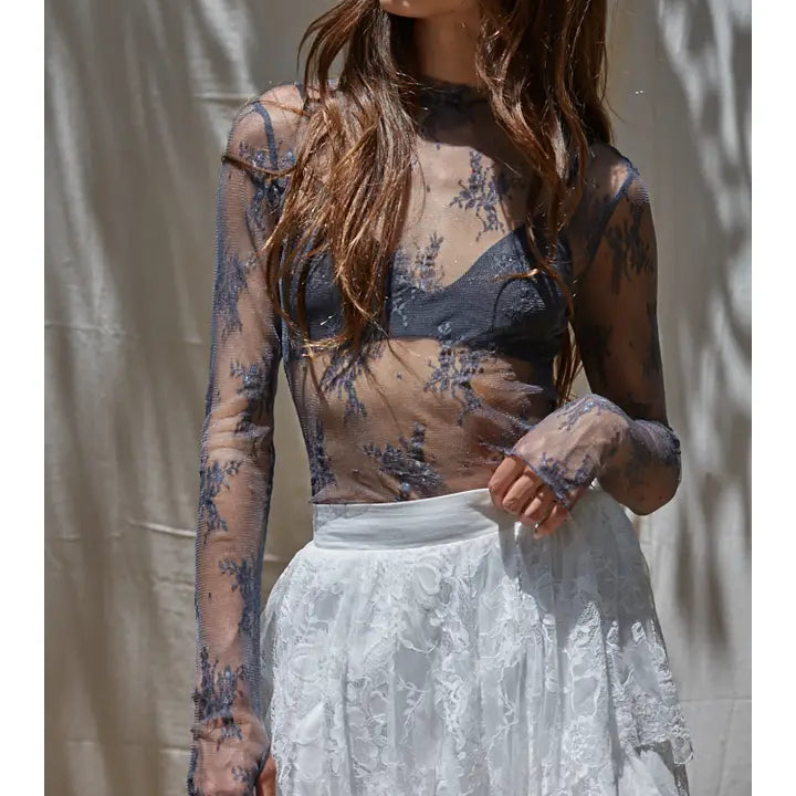 Women's L/S Sheer Floral Lace Mock Neck Mesh Top (Available in 2 Colors)
