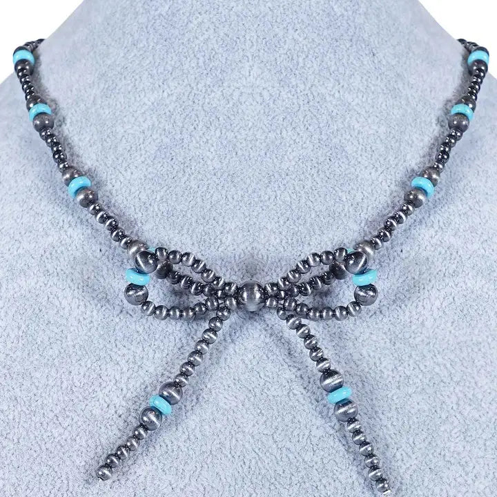 16" Silver and Turquoise Beaded Bow Necklace