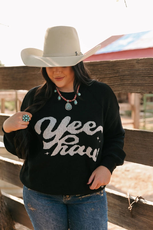 Women's "Yeehaw" Wordy Contrast Sweater in Black