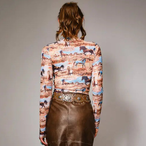 Women's L/S Western Mesh Mock Neck Top