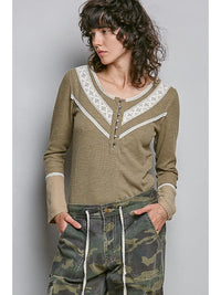Women's Long Sleeve V-Neck Mixed Media Top in Olive