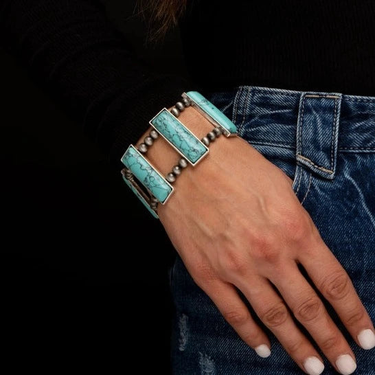 West & Co. Silver Navajo Inspired Pearl & Turquoise Bar Stretch Bracelet