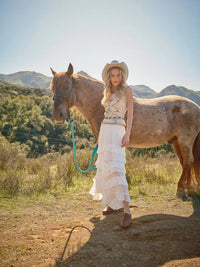 Women's Western Buckle Strap Embroidered Denim Top in Sand