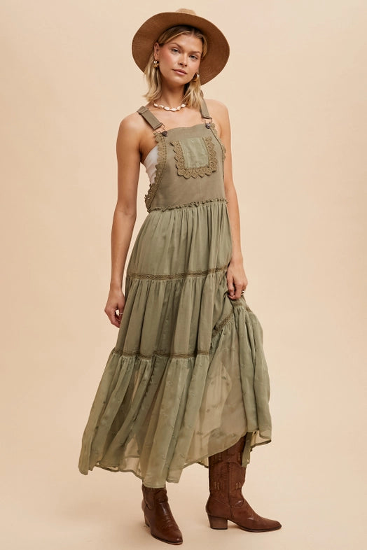 Women's Tiered Skirtall Midi Dress in Olive Green