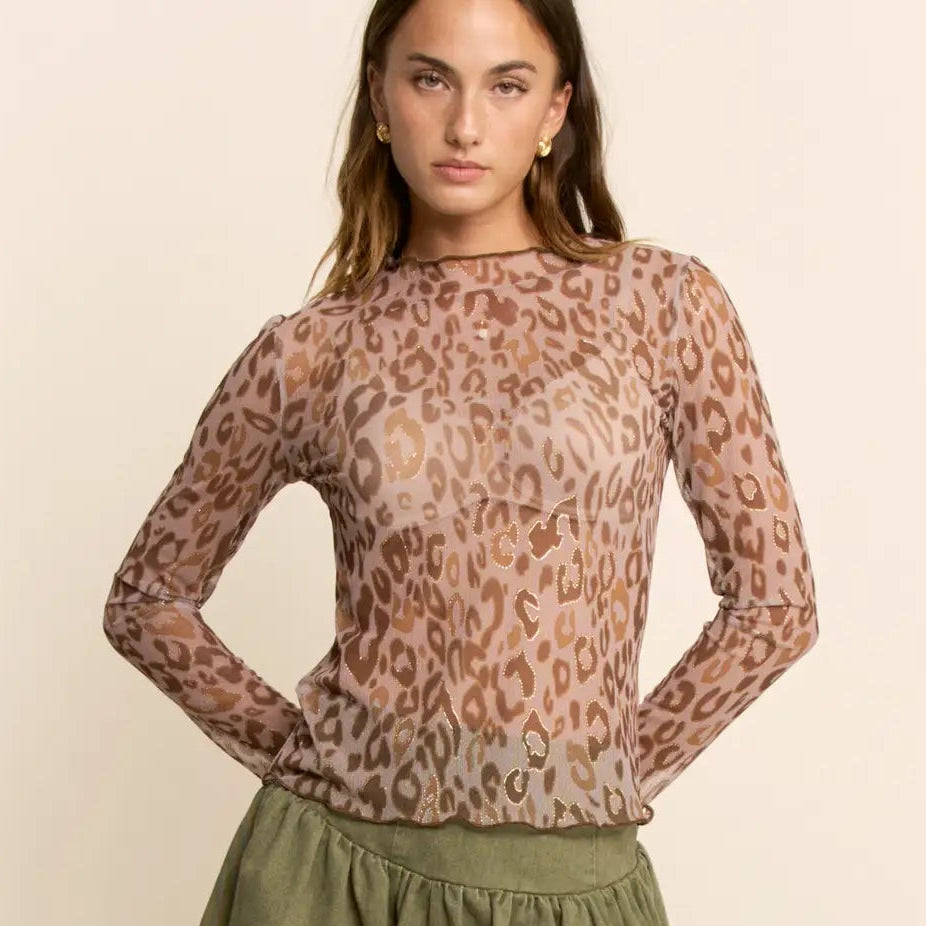 Women's L/S Sheer Leopard Mesh Top (Available in Regular and Plus Sizes)