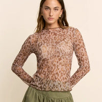 Women's L/S Sheer Leopard Mesh Top (Available in Regular and Plus Sizes)