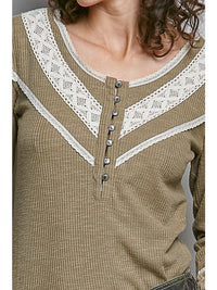 Women's Long Sleeve V-Neck Mixed Media Top in Olive
