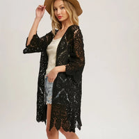 Women's Long Crochet Lace Cardigan in Black