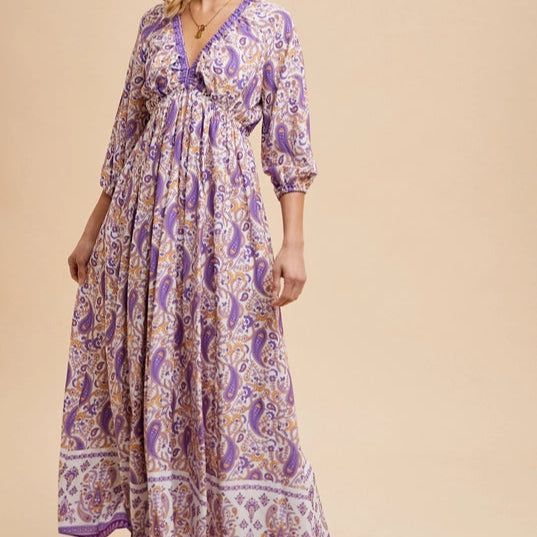 Women's V-Neck Floral Paisley Border Maxi Dress in Crocus Purple