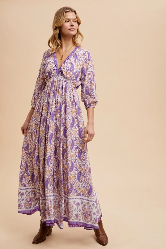 Women's V-Neck Floral Paisley Border Maxi Dress in Crocus Purple