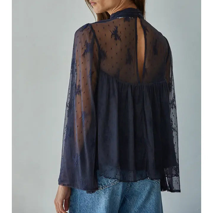 Women's L/S Woven Lace Mock Neck Bell Sleeve Top in Navy