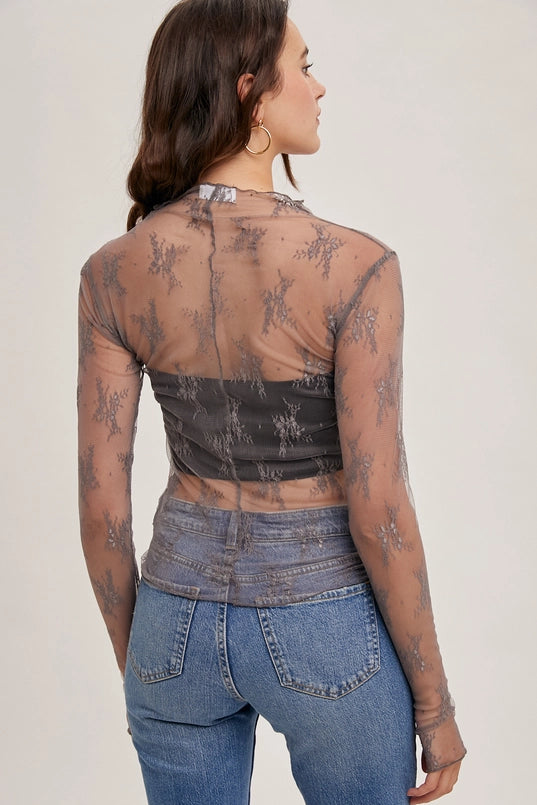 Women's L/S Sheer Floral Lace Mesh Top (Available in Mauve or Hazelnut)