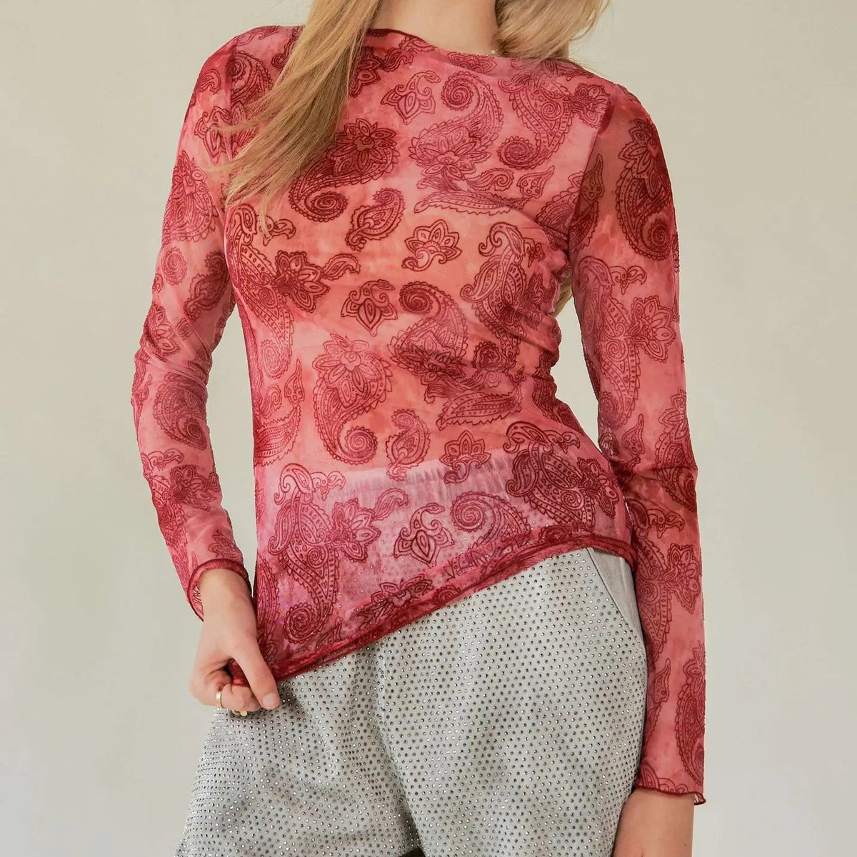 Women's L/S Sheer Paisley Mesh Top in Wine (Available in Plus Sizes)