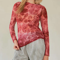 Women's L/S Sheer Paisley Mesh Top in Wine (Available in Plus Sizes)