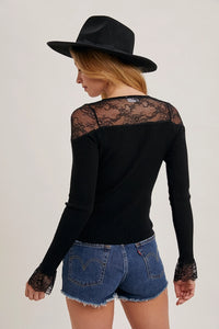 Women's L/S Lace Trimmed Button Down Fashion Top in Black