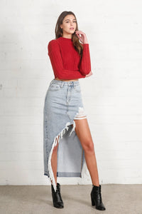 Women's High-Low Distressed Denim Maxi Skirt in Light Wash