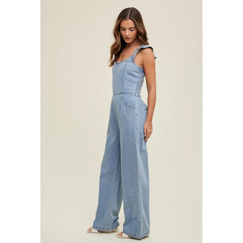 Women's Ruffle Open Back Denim Jumpsuit in Light Wash