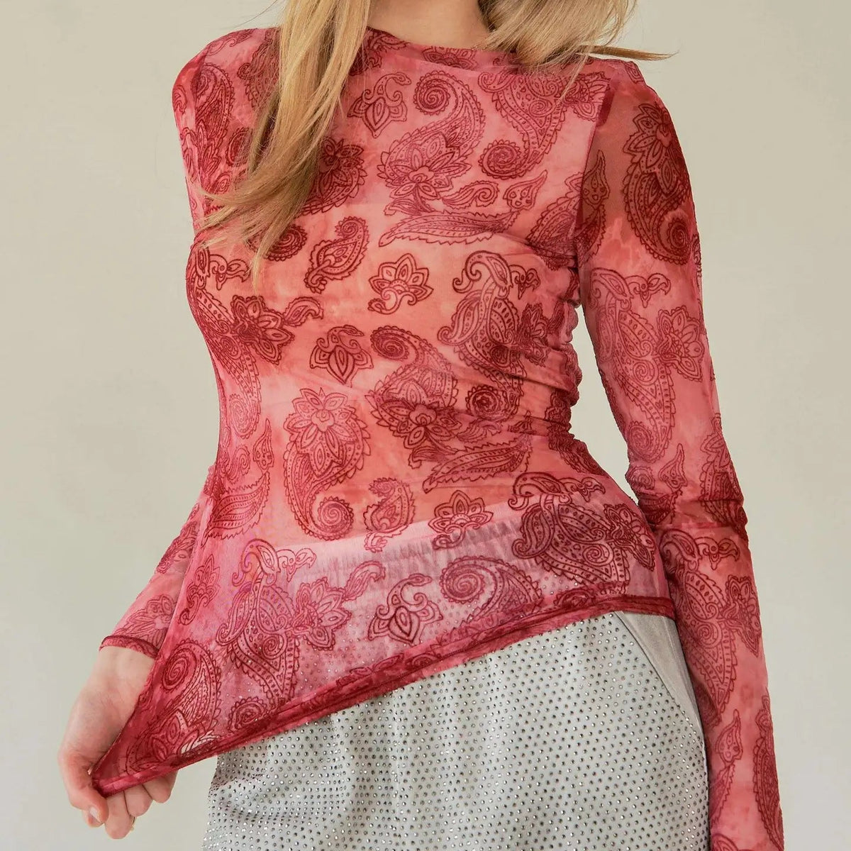 Women's L/S Sheer Paisley Mesh Top in Wine (Available in Plus Sizes)