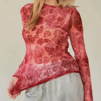 Women's L/S Sheer Paisley Mesh Top in Wine (Available in Plus Sizes)