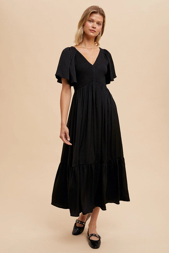 Women's Smocked Satin Midi Dress in Black