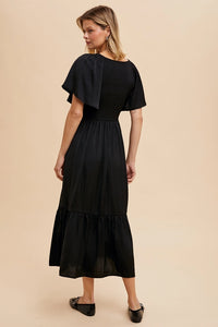 Women's Smocked Satin Midi Dress in Black