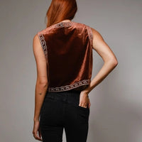 Women's Sleeveless Embroidered Velvet Cropped Vest in Brown