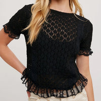Women's S/S Ruffle Hem Crochet Knit Fashion Top in Black