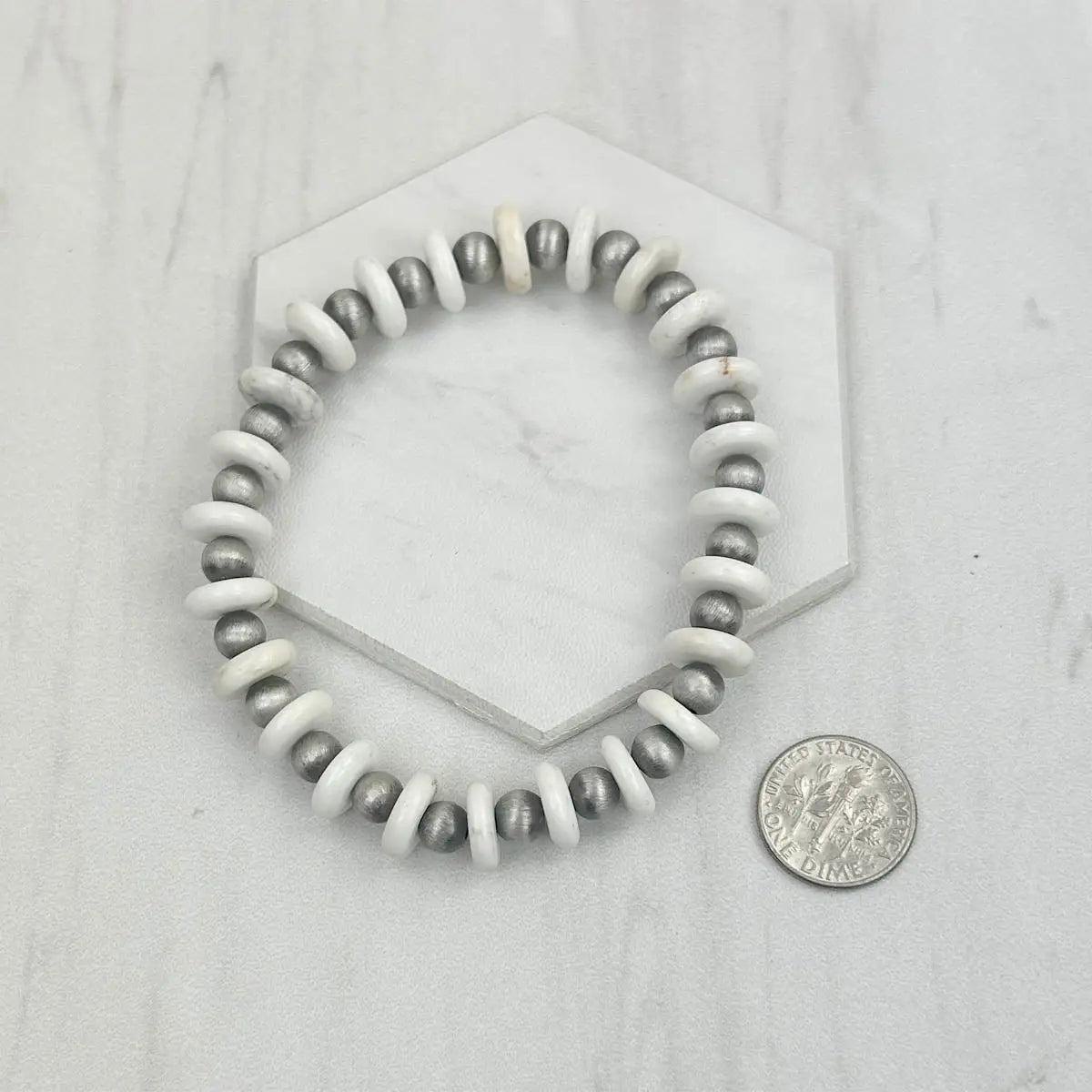 White Bead and Silver Navajo Inspired Pearl Stretch Bracelet