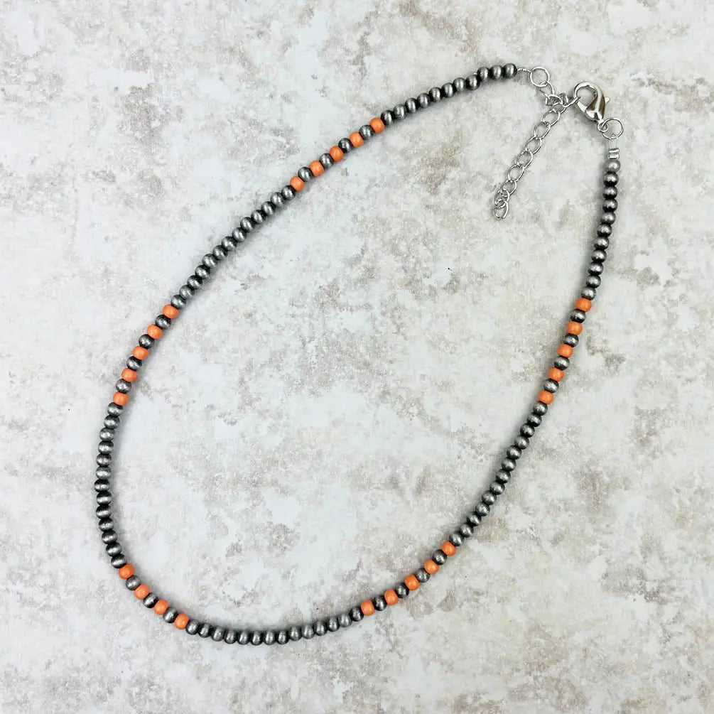 16" 4mm Orange Stone & Navajo Inspired Pearl Necklace