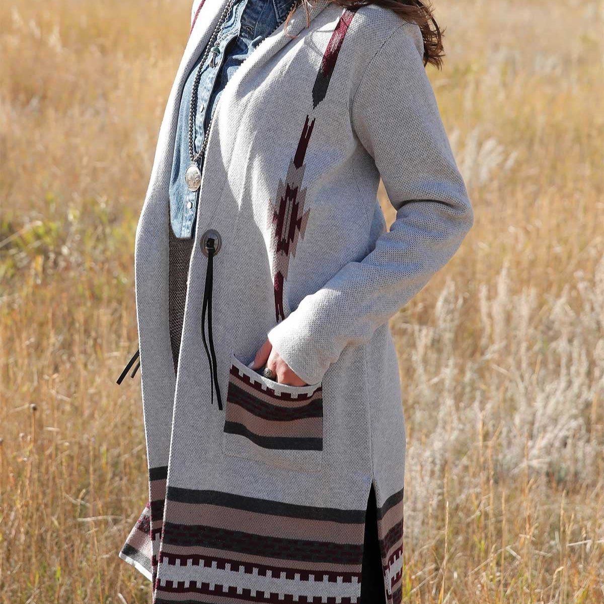 Cruel Women's Southwestern Knitted Duster in Gray & Burgundy