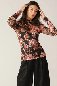 Women's Lace Long Sleeve Fashion Top in Black Floral