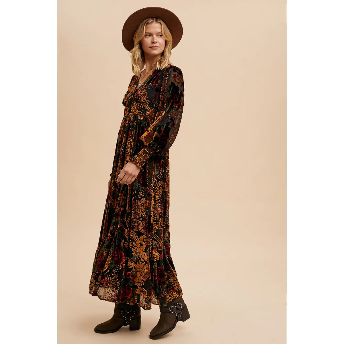 Women's Burnout Button Down Velvet Floral Maxi Dress in Red Rose Floral