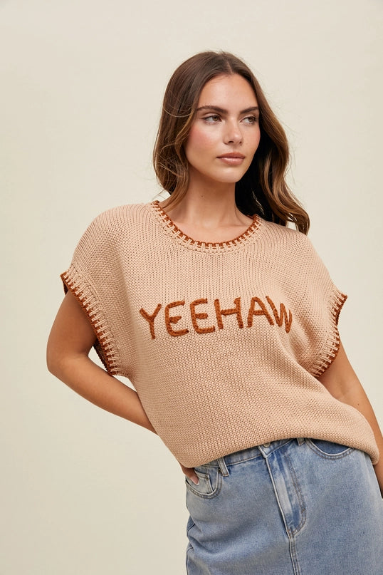 Women's "Yeehaw" Wordy Contrast Sweater in Tan