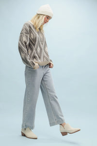 Women's Casual Diamond Jacquard Sweater in Taupe Blue