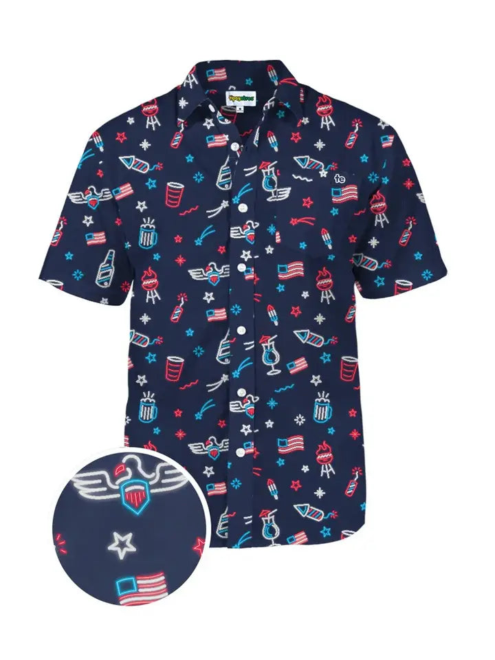 Men's S/S Lights and Liberty Button Down Hawaiian Shirt in Navy