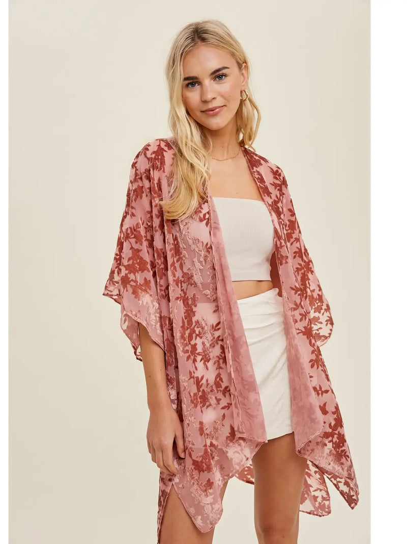 Women's Velvet Floral Kimono in Rose