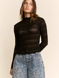 Women's L/S Striped Lace Mesh Top in Black (Available in Regular and Plus Sizes)