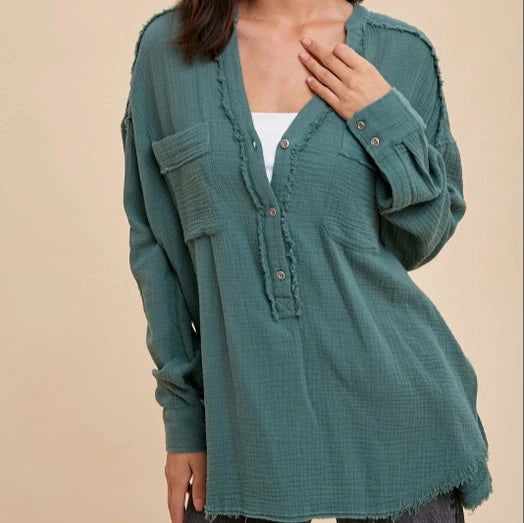 Women's Muslin Button Front Blouse in Green