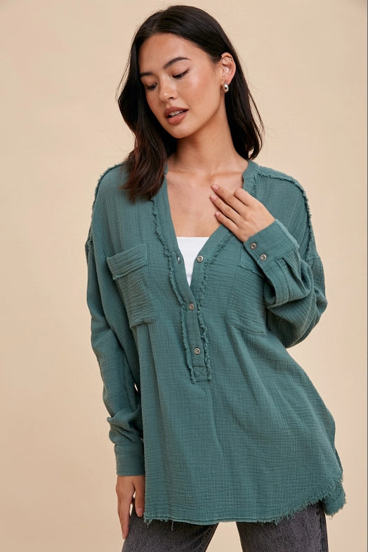 Women's Muslin Button Front Blouse in Green