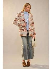 Women's Aztec Pattern Jewel Button Blazer in Taupe