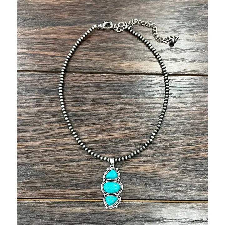 15" Handmade Turquoise Pendant Navajo Inspired Beaded Necklace