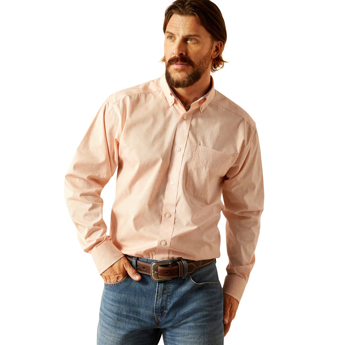 Ariat Men's Wrinkle Free L/S Classic Fit Ashton Western Button Down Shirt in Pink Geometric