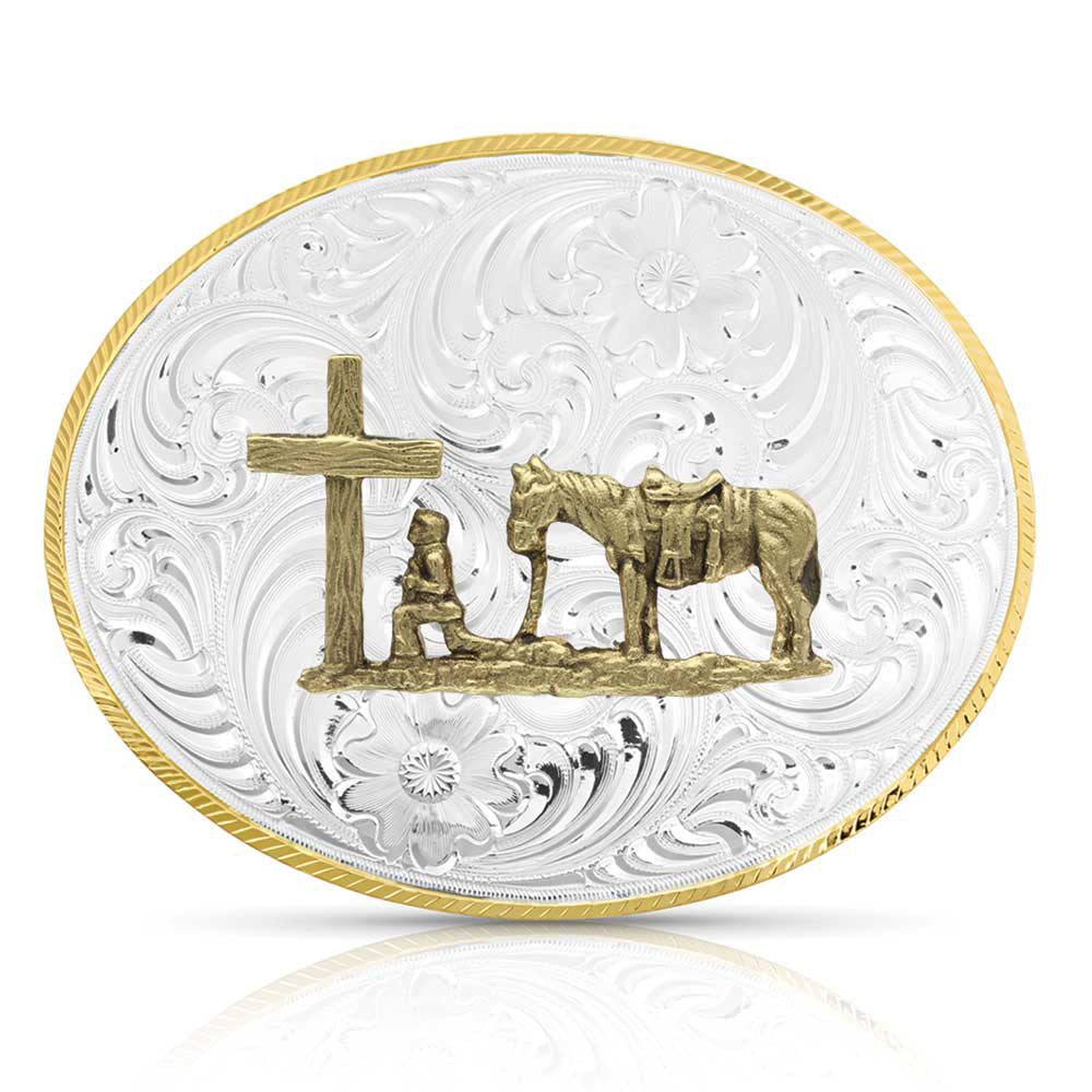 Petite Two-Tone Engraved Christian Cowboy Buckle by Montana Silversmiths