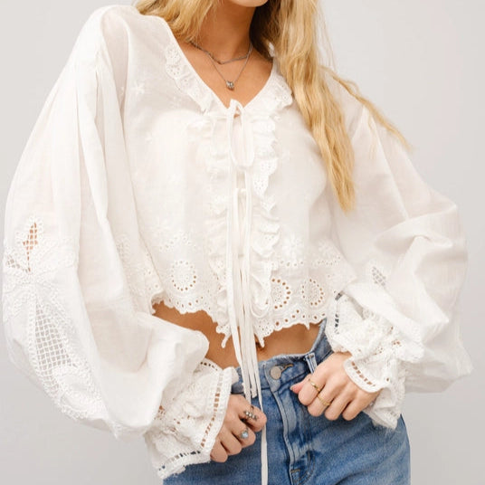 Women's L/S Tie Front Eyelet Embroidered Cropped Blouse in White